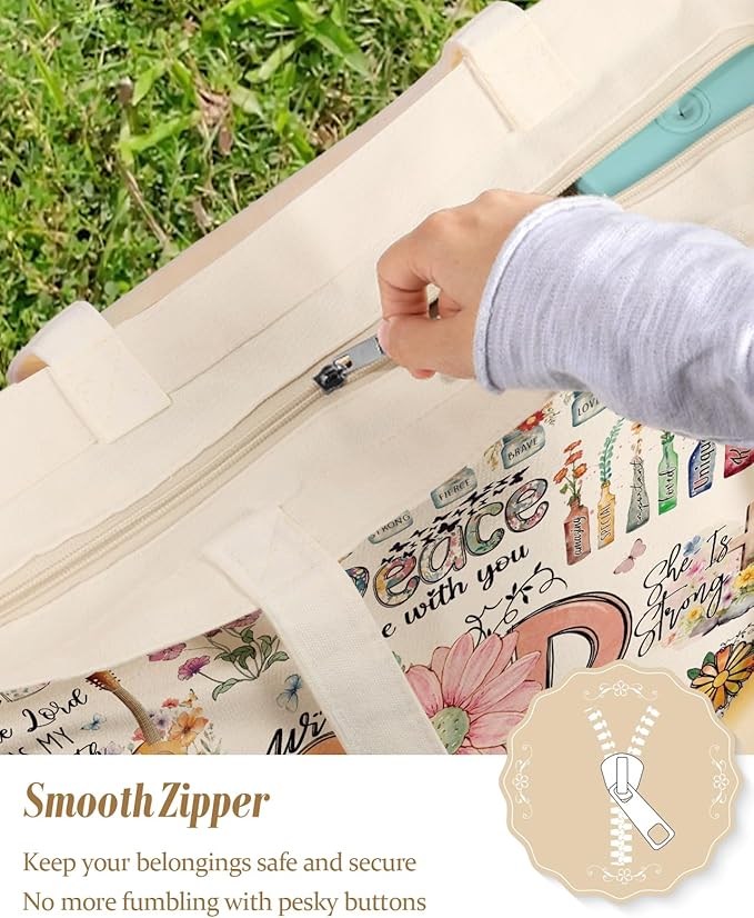 Large Tote Bag for Women - Aesthetic Cute Big Canvas Bags with Zipper Cotton Shoulder Bag for Gym, Travel, Work