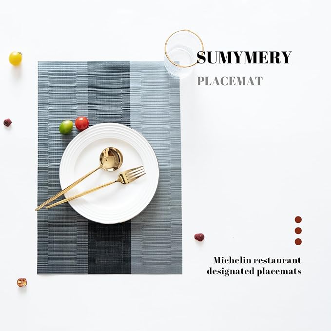 Placemats Set of 8 Vinyl/Plastic Woven Place Mats for Kitchen Table Indoor/Outdoor Washable Placemat Wipeable Dining Table Mats (Ombre Silver Grey Black,8)