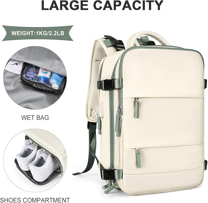 coowoz Large Travel Backpack For Women Men,Carry On Backpack,Hiking Backpacks Waterproof Outdoor Sports Rucksack Casual Daypack travel essentials（White Green）