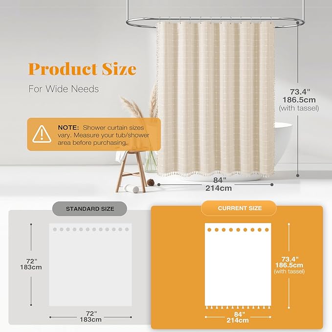 BTTN 84 Inch Wide Shower Curtain - W84xH72 Boho Farmhouse Fabric Shower Curtain Set with 14 Plastic Hooks, Large Country Hotel Spa Simple Water-resistant Cloth Bath Curtains for Bathroom - Cream/Beige