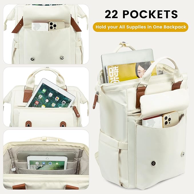 LOVEVOOK Laptop Backpack for Women Work Travel, Large Capacity Computer Backpack Purse, Nurse Bags Doctor Teacher Business Laptop Bag, Fashion College Backpack Casual Daypack, 17 Inch, Beige-brown