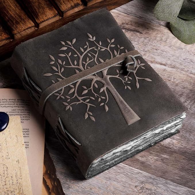 LEATHER VILLAGE Tree of Life Journal - 10 X 7 inches - Rustic Black - 200 Antique Deckle Edge Handmade Paper – Book of Shadows - Vintage Leather Bound Journal for Women & Men