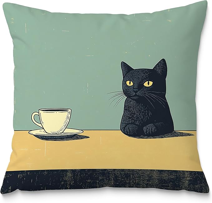 Black Cat Throw Pillow Covers 18x18, Vintage Black Cat Art Painting Decor Pillow Covers, Cats Lovers Mom Grandma Gifts, Aesthetic Cats Drinking Coffee Decor for Room Bedroom