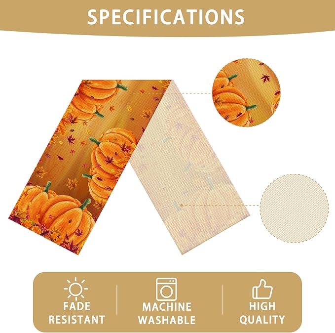 Orange Grey Abstract Art Painting Burlap Table Runner Seasonal Spring Fall Kitchen Dining Linen Table Decoration for Indoor Outdoor Home Party Dinner 13x72 Inch (Thanksgiving Pumpkin)