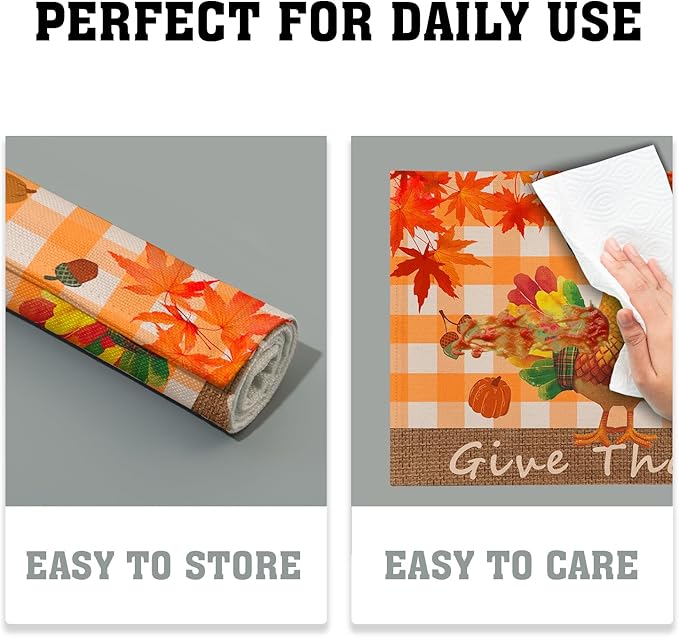Giwawa Thanksgiving Placemats Set of 4, Give Thanks Turkey Place Mat with Orange Bufflao Plaids, Fall Autumn Maple Leaf Pumpkins Chestnuts Washable Table Mats for Kitchen Dining Holiday Decor, 12"x18"