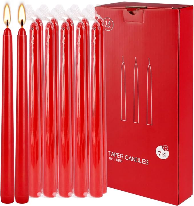 24 Pack Red Taper Candles, 7-8 Hours Burn Time, Unscented, Smokeless and Dripless, 0.75 x 10 Inch Dinner Candle Set for Christmas,Household, Wedding, Party and Home Décor Candlesticks