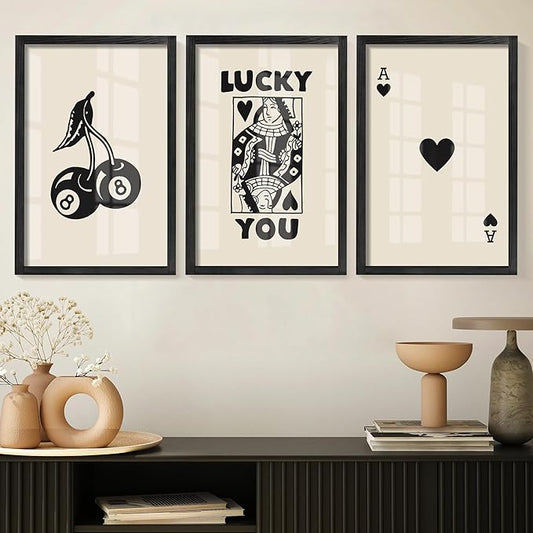 Heiple Framed Set of 3 Poker Wall Art Lucky You Poster, Trendy Retro Wall Art for Queen of Hearts Wall Art Rustic Vintage Farmhouse Home Wall Decor (Black, 16"x24")