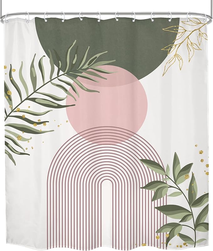 Pink Sage Green Boho Shower Curtain 60Wx72H Mid Century Modern Abstract Gold Leaves Plant Sun Bathroom Decor Minimalist Geometric Arch Line Aesthetic Bath Curtain Fabric Polyester 12 Pack Hooks