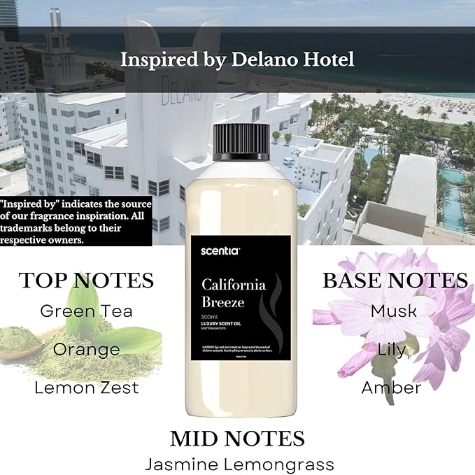 Hotel Diffuser Oil Inspired by The Delano Beach Club Hotel Scent - 120 mL 4.06 fl oz - Fragrance Oil Blend Orange, Green Tea & Jasmine for Aromatherapy Diffusers - California Breeze