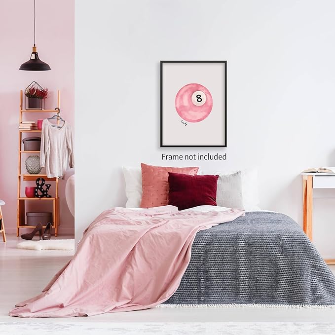 XSCQ Pink 8 Ball Wall Art Vintage Trendy Preppy Pool Ball Posters Minimalist Retro Light Pink Canvas Prints Lucky Number Painting for Girly Bedroom Dorm Wall Decor 16x24 inch Unframed