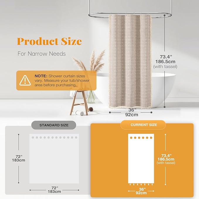 BTTN Boho Stall Shower Curtain, 36x72 Narrow Linen Ultra Thick Fabric Tassel Shower Curtain set with 6 Plastic Hooks, Small Walk In Modern Farmhouse Chic Country Shower Curtain for Bathroom, Tan/Taupe