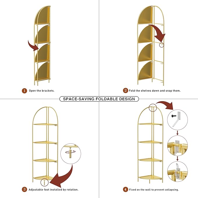 Crofy Foldable 4 Tier Corner Shelf, Metal Corner Plant Stand with Gold Frame and Gold Shelves, Corner Display Rack Multipurpose Shelving Unit for Living Room, Bedroom, Bathroom