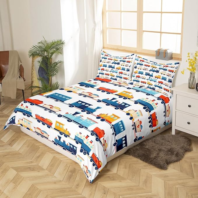 Cartoon Train Duvet Cover King Size Transport Vehicles Comforter Cover for Teens Adults Kids Colorful Cars Bedding Set Vintage Train Tracks Breathable 3 Pieces Decorative Bed Cover(No Comforter)