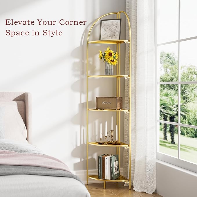 Crofy Foldable 5 Tier Corner Shelf, Metal Corner Plant Stand with Gold Frame and Gold Shelves, Corner Display Rack Multipurpose Shelving Unit for Living Room, Bedroom, Bathroom