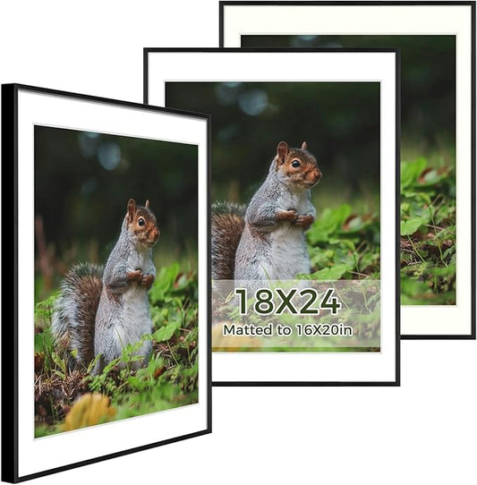 Golden State Art 18x24 Picture Frame 3 Pack - Aluminum Frames with 16x20 Removable Mats & Real Glass, Display 18x24 Posters or 16x20 Photos - Black Gallery Wall Frames for Home Office Decor
