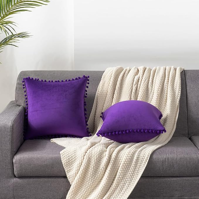 DEZENE 16x16 Throw Pillow Cases Purple: 2 Pack Cozy Soft Pom-poms Velvet Square Decorative Pillow Covers for Farmhouse Home Decor