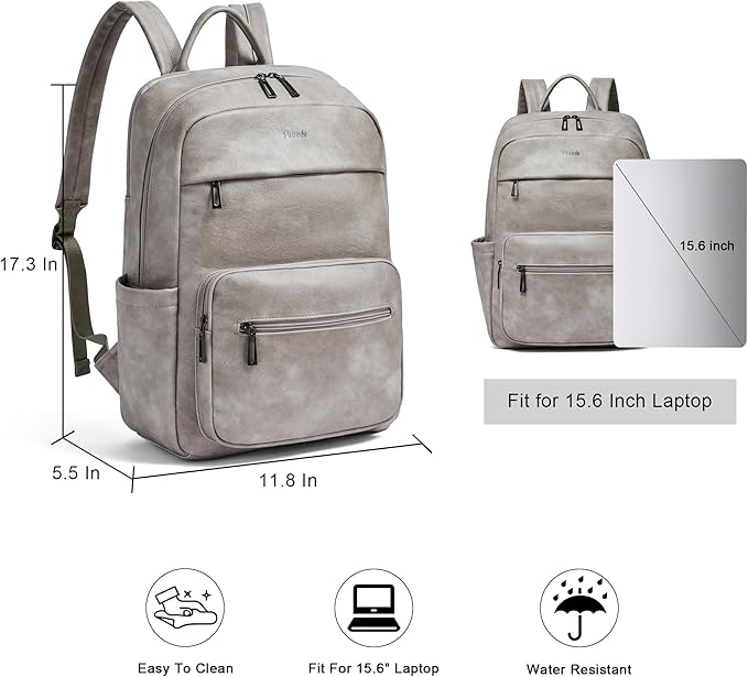 Leather Laptop Backpack for Women 15.6 Inch Laptop Travel Backpack Purse Casual Daypack with Laptop Compartment for College Work Nurse Business Weekender, Grey