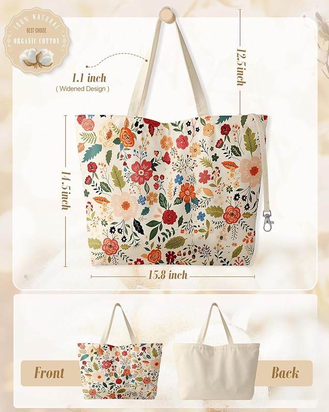 Large Tote Bag for Women - Aesthetic Cute Big Canvas Bags with Zipper Cotton Shoulder Bag for Gym, Travel, Work