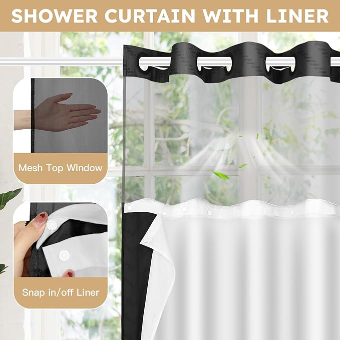 No Hook Shower Curtain and Liner Set, Black Snap in Shower Curtain Ringless Chevron Tufted Cloth Waterproof Washable Fabric Bath Curtain with See Through Top Window for Bathroom Hotel 71" x 74"