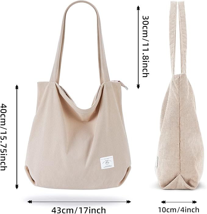 KALIDI Women Corduroy Tote Bag Zipper Casual Tote's Handbag Big Capacity Shoulder Bag with Pockets