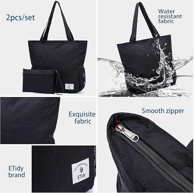 ETidy Large Capacity Foldable Tote Bag With Zipper Water-resistant SandproofWomen Beach Bag Handbag GymBag Travel ShoppingBag