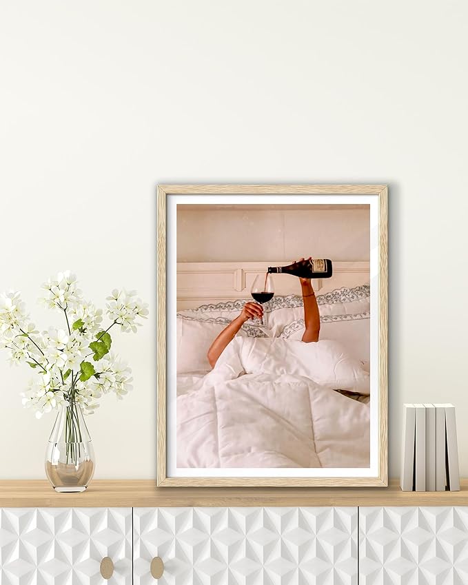 EcoHest Unframed Woman Drinking Wine in Bed Wall Art, 12x16 in OAK Wood Feminist Alcohol Canvas Art, Trendy Teen Girl Bar Cart Print College Room Decor, Beige Logs Set of 1 For Bedroom Living Room