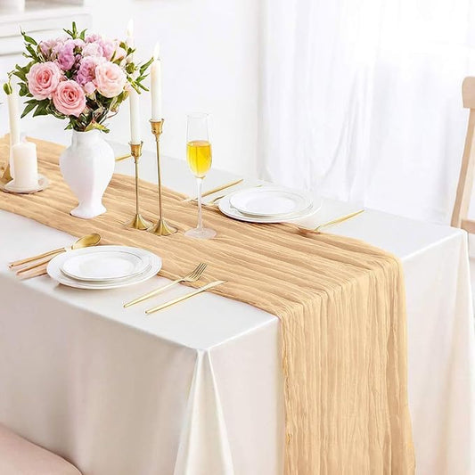 Cheesecloth Table Runner 13.3FT Champagne Gold Boho Gauze Table Runner Wedding Dining Table Decorations for Holiday Birthday Party Baby Shower Event Decorations Summer Garden Farmhouse