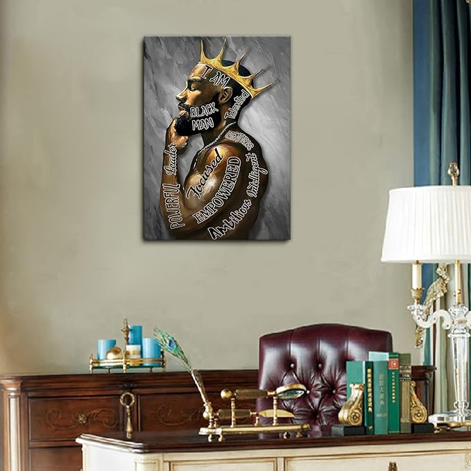 Framed Inspirational Black Man Wall Art African American Men Portrait Wall Art Motivational Quotes Afro King Poster Abstract Canvas Prints Painting Home Decor for Bedroom Living Room Ready to Hang