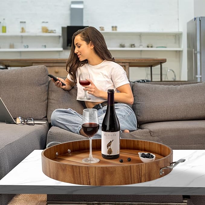 Ottoman Tray with Handles, 20 Inch Round Ottoman Tray Large Trays for Ottomans Wooden Serving Tray Decorative Trays for Living Room, Party, Breakfast, Drinks, Snacks, Appetizers