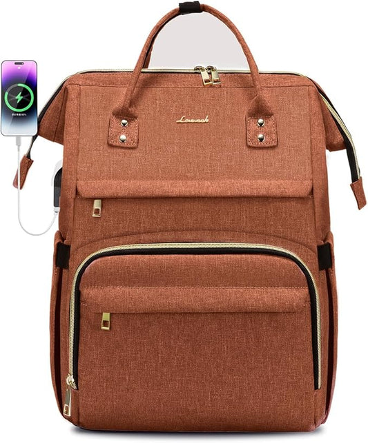 LOVEVOOK Laptop Backpack for Women,17 Inch Professional Womens Travel Backpack Purse Computer Laptop Bag Nurse Teacher Backpack,Waterproof College Work Bags Carry on Back Pack with USB Port,Orange