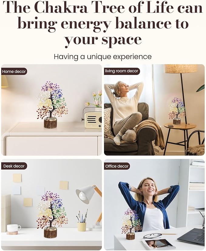 7 Chakra Crystal Tree of Life - Unique Birthday Gifts for Women, Healing Crystal Trees for Home Decor, Office Desk Decor, Positive Energy Spiritual Crystals and Healing Stones, Thumb Worry Stone