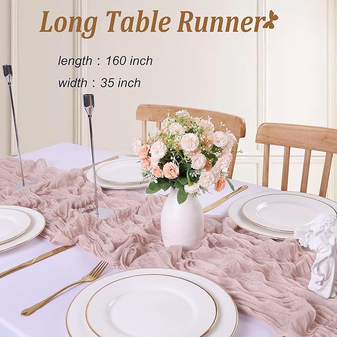 Crinkle Cheesecloth Table Runner 35x160 Inch Long Dusty Pink Boho Table Runner Rustic Gauze Wedding Dining Table Decorations for Holiday Birthday Party Baby Shower Event Decorations