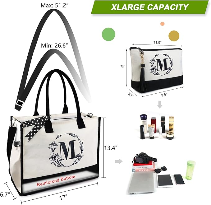 BeeGreen Embroidery Monogram Initial Tote Bag for Women Teacher Mom Friend Personalized Gift for Birthday Beach Work Wedding