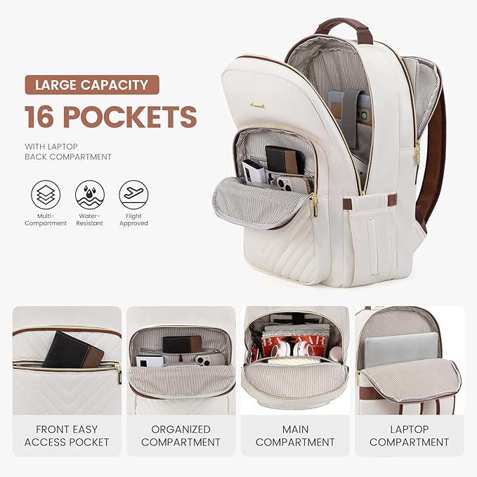 LOVEVOOK Laptop Backpack for Women 15.6 inch,Cute Womens Travel Backpack Purse,Professional Laptop Computer Bag,Waterproof Work Business College Teacher Bag Carry on Backpack with USB Port,White Brown