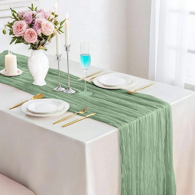 Sage Green Cheesecloth Table Runner 13.3FT Long Boho Table Runner Spring Easter Gauze Wedding Dining Table Decorations for Holiday Birthday Party Baby Shower Event Decorations