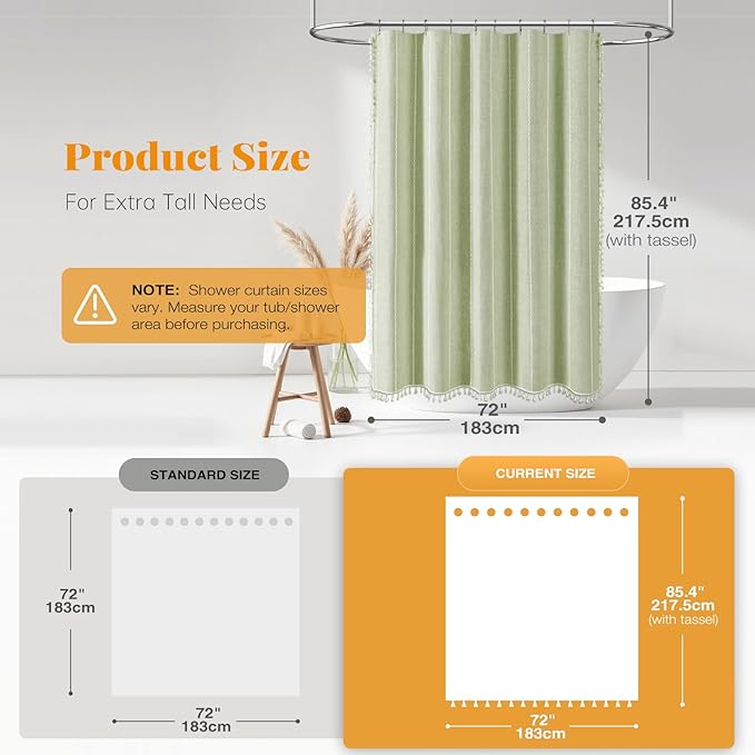 BTTN Extra Long Shower Curtain, 72x84 Inch Long Boho Tassel Linen Fabric Shower Curtain Set with Plastic Hooks, Large Modern Farmhouse Country Decorative Cloth Shower Curtain for Bathroom, Sage Green