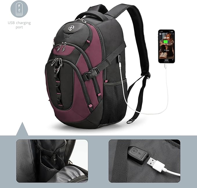 Swissdigital Design Laptop Backpack with USB Charging Port, Travel Backpack Fits 15.6 inches Computer, 31L College School Backpack for Women, Burgundy/Black | SD803