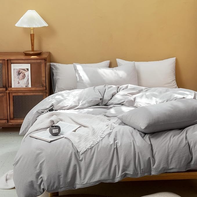 FOSSA Duvet Cover Set 100% Washed Cotton Linen Feel Super Soft Breathable Cozy 3 Pieces Bedding Sets Solid Grayish King