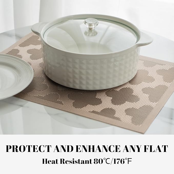 Placemats Set of 6 Vinyl/Plastic Woven Place Mats for Kitchen Table Indoor/Outdoor Washable Placemat Wipeable Dining Table Mats (Dark Brown Clover,6)