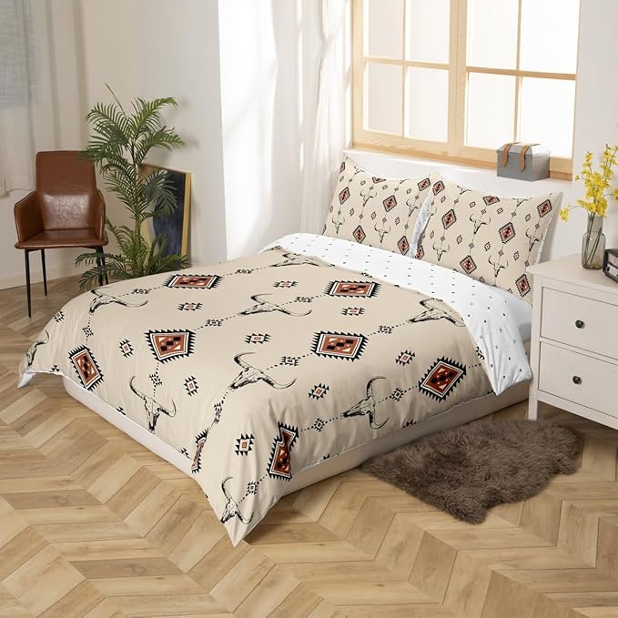 Castle Fairy Western Duvet Cover Twin Size,Tribal Geometry Southwestern Boho Soft Bedding Set,Country Cow Skull Comforter Cover 2PCS,Retro Cowboy Quilt Cover,1 Pillowcase(Not Comforter)