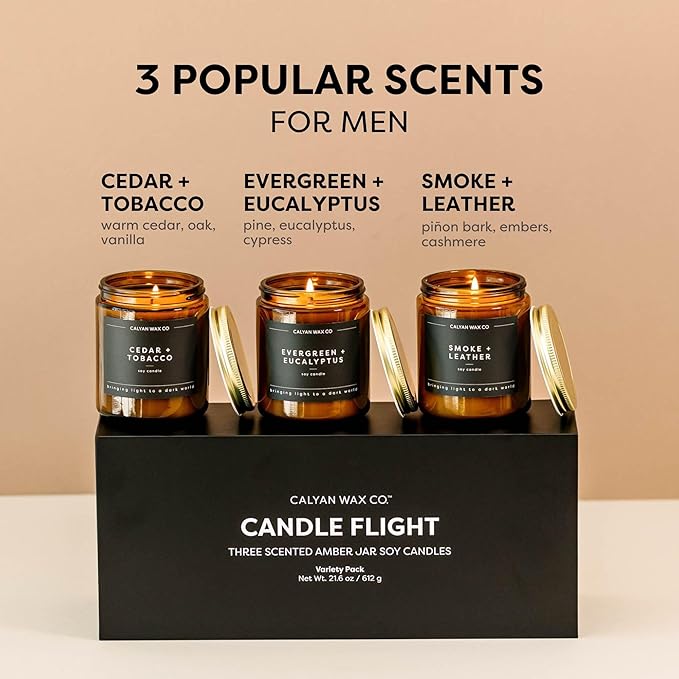 Calyan Wax Co. Scented Candle Gift Set, Candle Flight, Set of 3 Scented Candles, Non Toxic & Vegan Soy Wax, Amber Glass Jar Candles for Men, 57 Hour Burn Time, 7oz Each