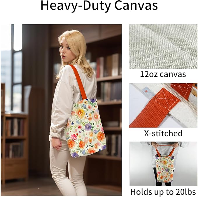 Canvas Tote Bag for Women, Aesthetic Tote Bag with Zipper Pocket for Grocery Travel Work Gift, Canvas Shopping Bag