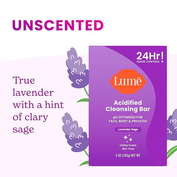 Lume Acidified Body Cleansing Bar - 24 Hour Odor Control - Removes Odor Better than Soap - Moisturizing Formula - Formulated Without SLS and Parabens - OB/GYN Developed - 5 ounce (Lavender Sage)