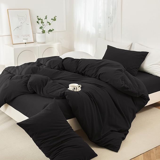 JIYUAN 100% Washed Cotton Duvet Cover Set 3 Pieces Queen, 1 Duvet Cover 90x90 Inches(Comforter Not Included) and 2 Pillowcases,Linen Feel Bedding Set Comfy and Breathable,Black