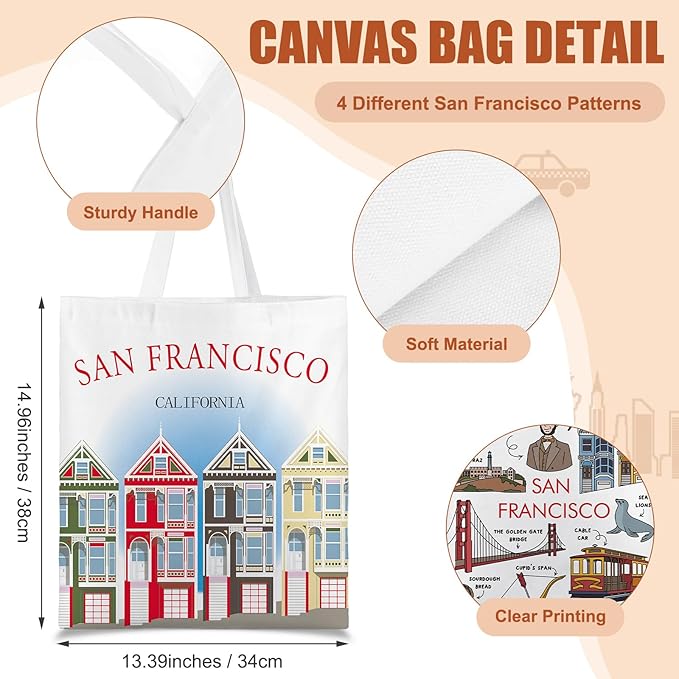 Paterr 4 Pcs City Souvenir Tote Bag-New York Chicago Seattle Los Angeles Boston San Francisco Paris Italy Las Vegas Nashville