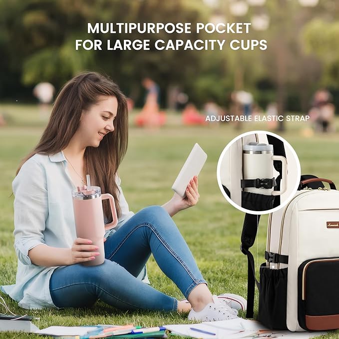 LOVEVOOK Laptop Backpack for Women with Pouch Pocket for Large Capacity Cup,18 Inch Laptop Computer Bag Travel Backpack Purse,Waterproof Work Business Backpack College Teacher Bags,Beige-Black-Brown