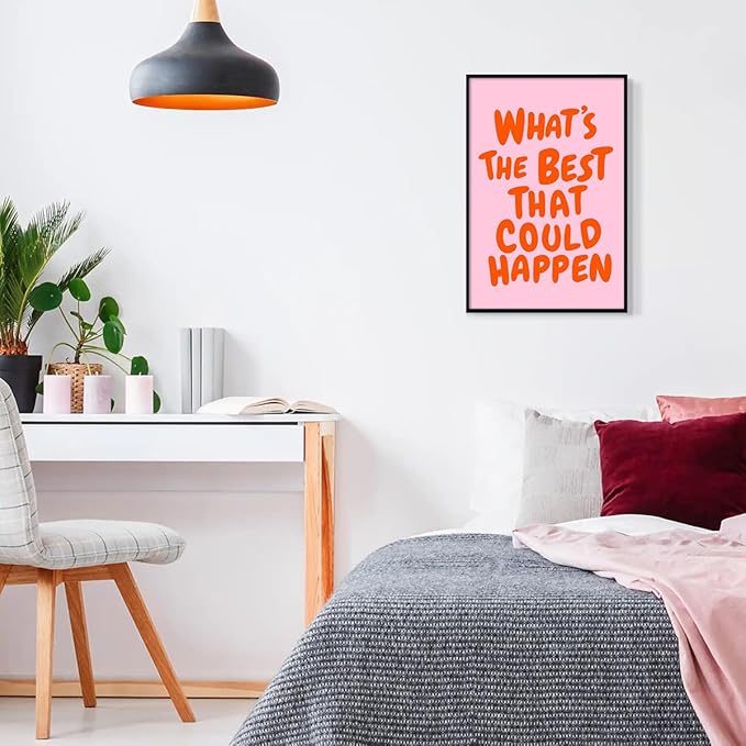 Trendy What's The Best That Could Happen Quote Poster, Pink Orange Aesthetic Canvas Wall Art, Positive Affirmations Wall Decor, Uplifting Daily Reminder Typography Print 16x24in Framed