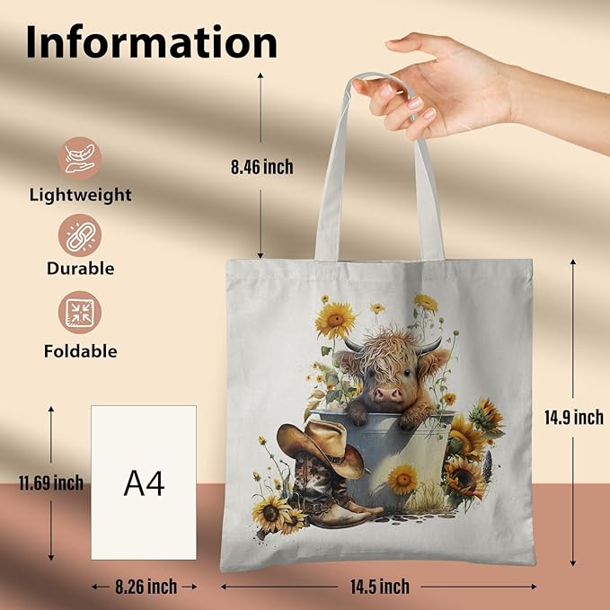 Western Highland Cow Canvas Tote Bag - Highland Cow Lover Gifts,Canvas Shoulder Bag for Women for Girls