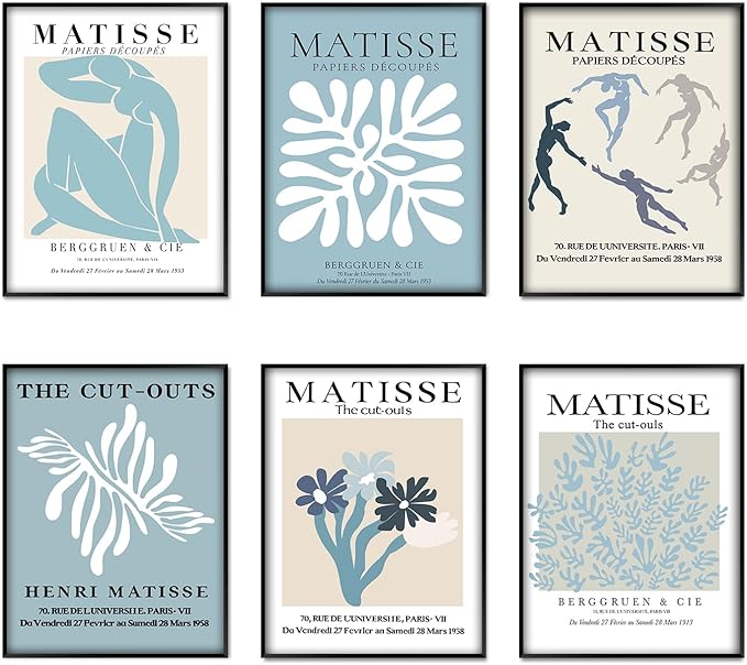 Navy Blue Matisse Poster Prints Set of 6 Henri Matisse Wall Art Flower Market Minimalist Painting Pictures Abstract Aesthetic for Room Bedroom 8x10 Inch Unframed