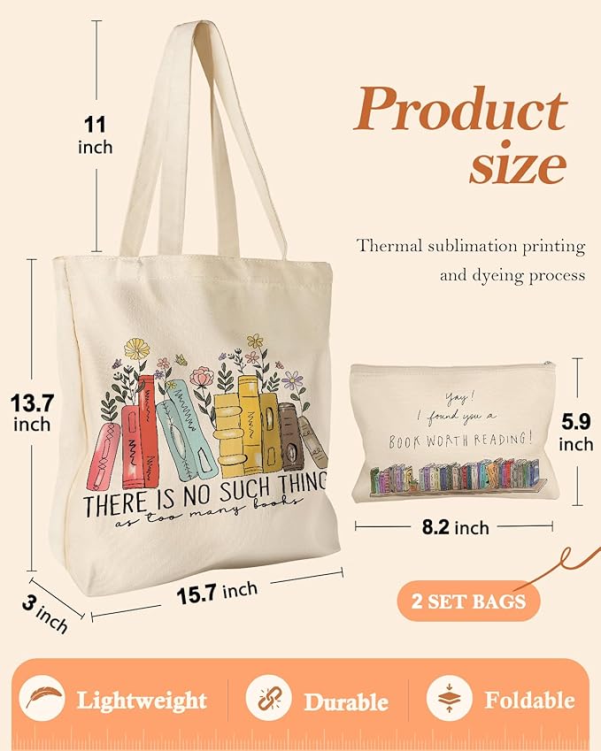 Aesthetic 2 Pack Canvas Tote Bag - with Makeup Zipper Pouch for Women Bag for Shopping, Gym, Travel, Vacation